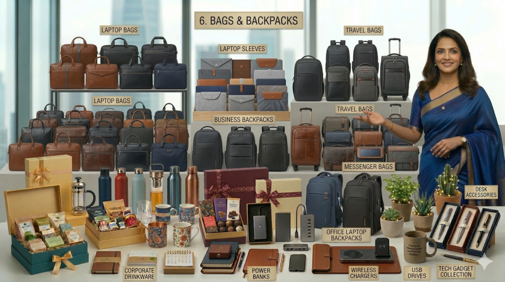 Custom branded backpacks and executive laptop bags for corporate gifting including travel bags and business backpacks by BBR Gifting Matrix Hyderabad