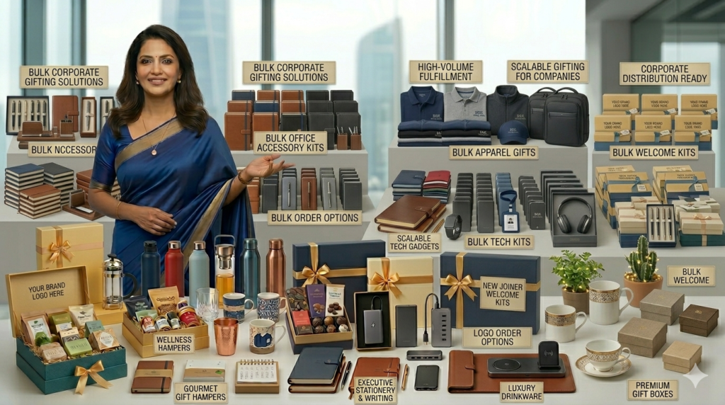 Bulk corporate gifts including customized drinkware, tech gadgets, stationery, and gift sets for large quantity orders