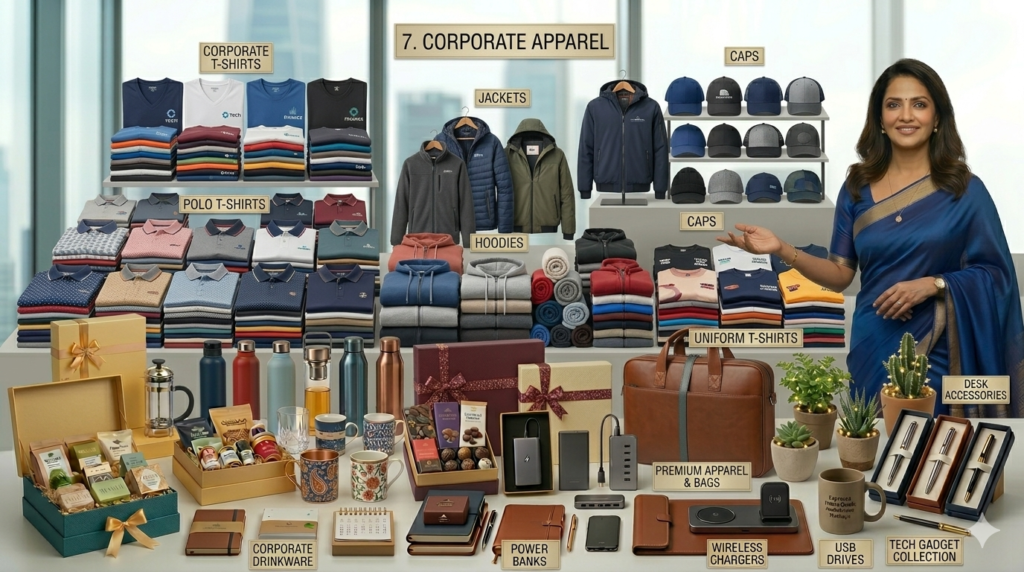 Custom corporate apparel including polo t-shirts, hoodies, jackets and caps with company logo printing by BBR Gifting Matrix Hyderabad