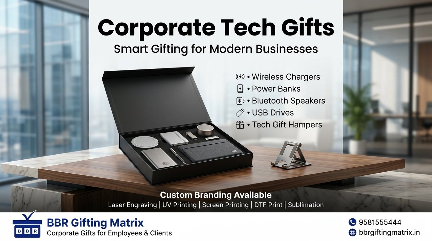 corporate tech gifts in Hyderabad including branded power banks usb drives wireless chargers and bluetooth speakers