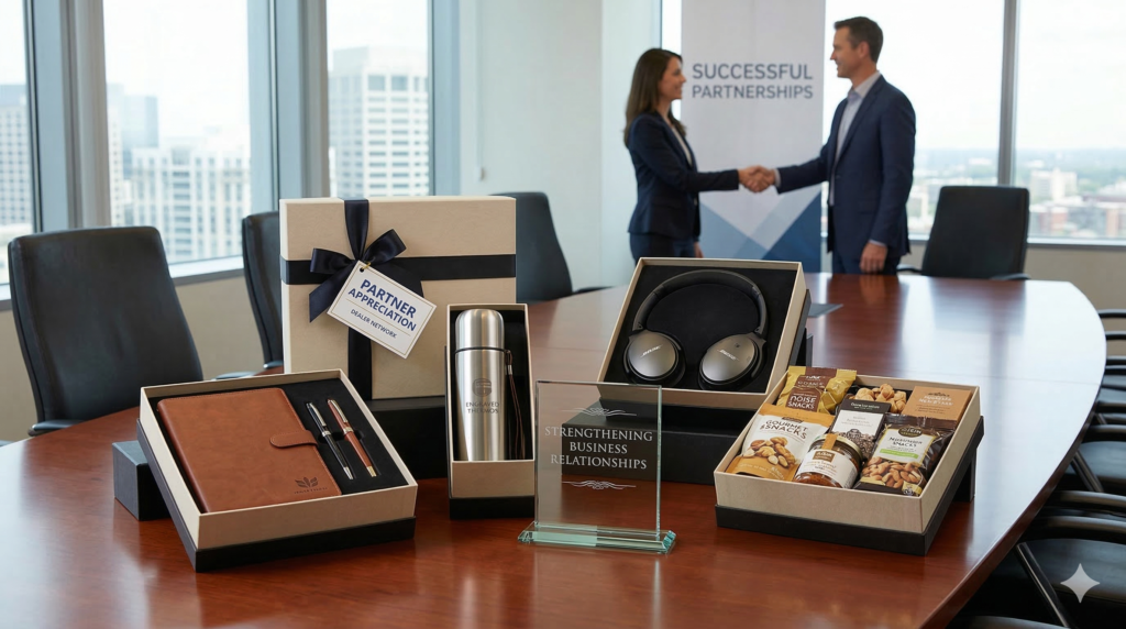 Dealer and channel partner corporate gifts with premium gift boxes and appreciation awards