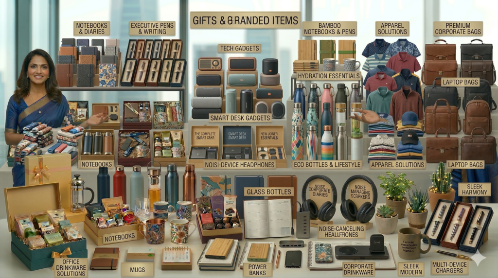 Promotional corporate gifts including mugs, bottles, bags, notebooks and branded merchandise for business branding