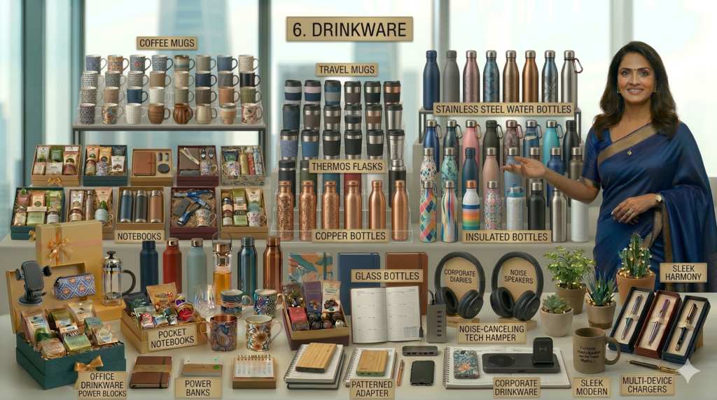 Custom branded water bottles and mugs for corporate gifting including stainless steel bottles, travel mugs and insulated flasks by BBR Gifting Matrix Hyderabad