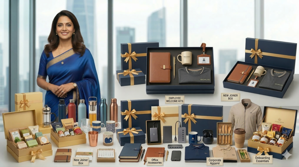 Employee welcome kits with customized corporate gifts including notebooks, drinkware, tech gadgets and office accessories