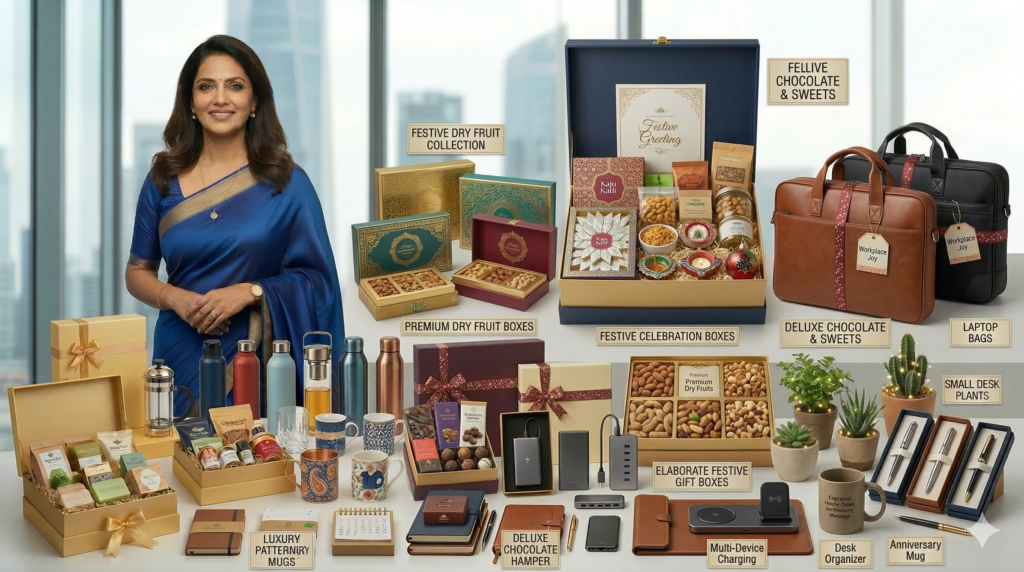 Corporate festival gift hampers with premium boxes, sweets, dry fruits and branded merchandise for employees and clients