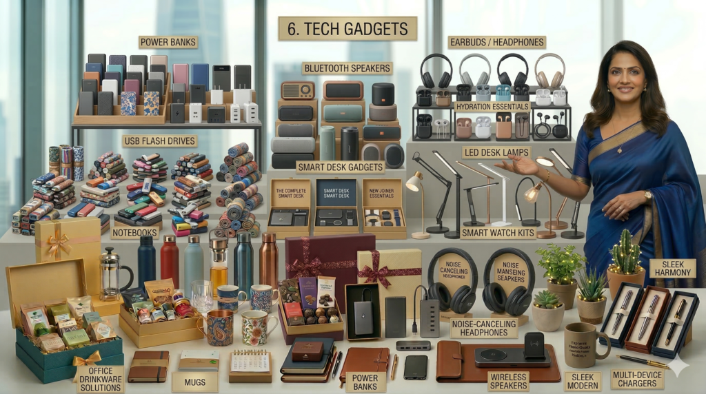 Corporate tech gadgets including power banks usb drives and wireless chargers